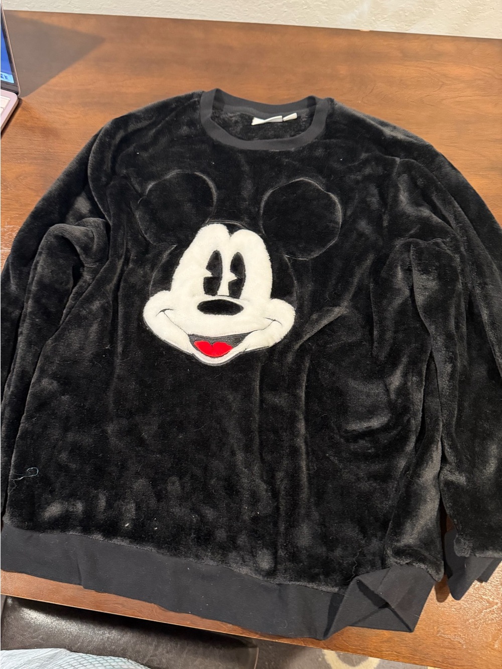 Disney Black Plush Mickey Face Crewneck Sweater
